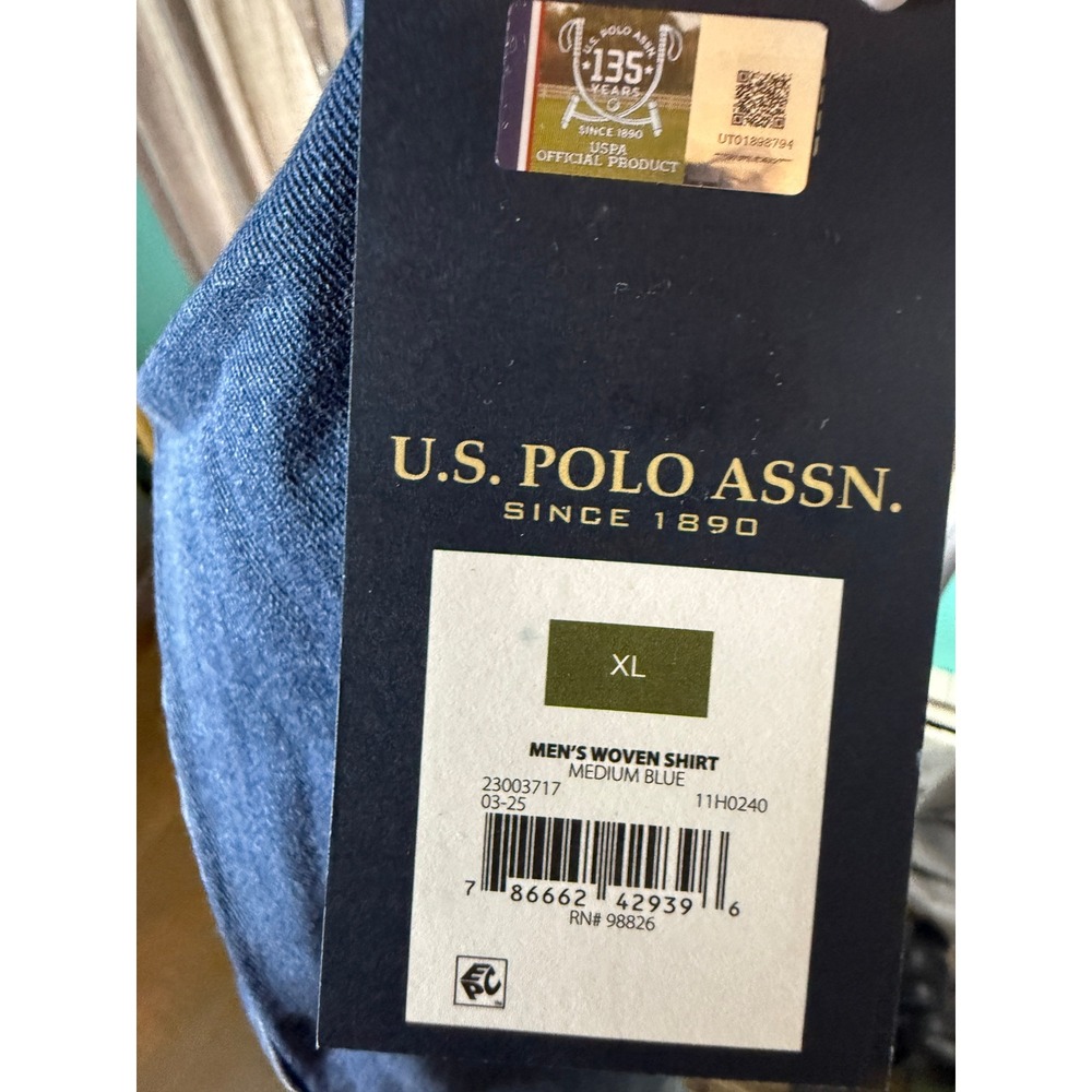 US Polo Assn Mens Denim Woven Shirt Medium Blue Button Down XL NEW - Picture 2 of 5